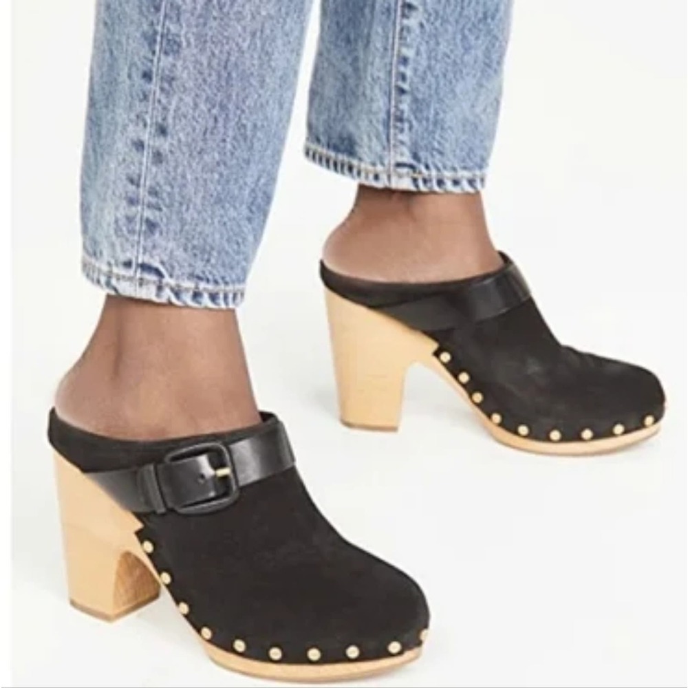 Veronica Beard Dacey buckled studded black suede stacked heel clogs size 9.5 new
